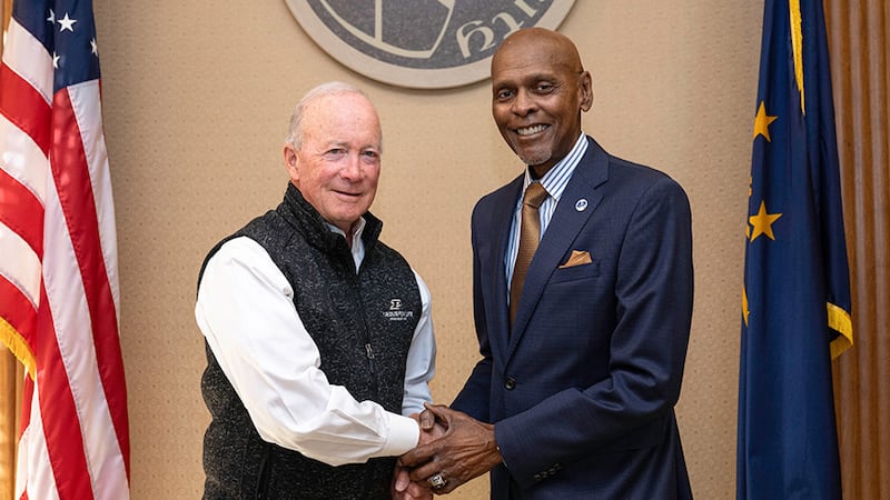 Purdue interim President Mitch Daniels pictured with Ronald G. Parrish.