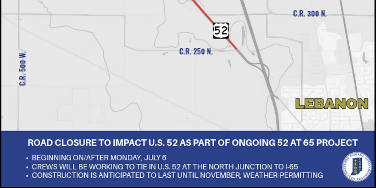 Road closure to impact U.S. 52 near Lebanon